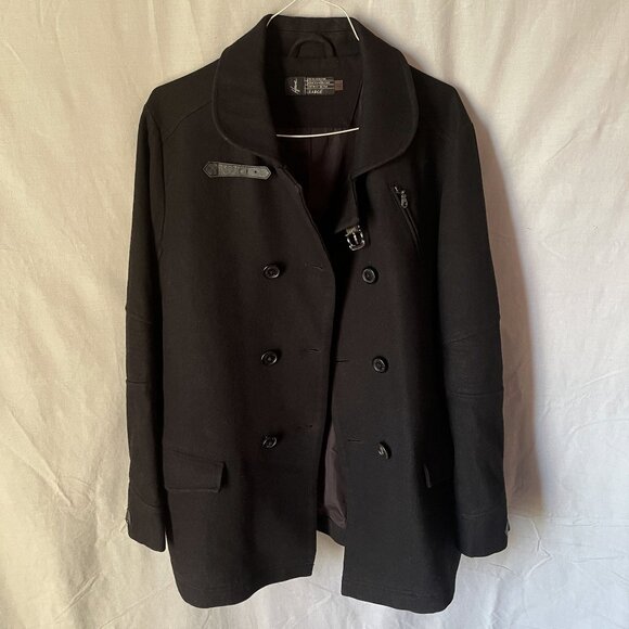 HOWE ROLLS ROYCE - BLACK Pea Coat Jacket 6 Button Buckle Collar Pocket - LARGE - Picture 2 of 6